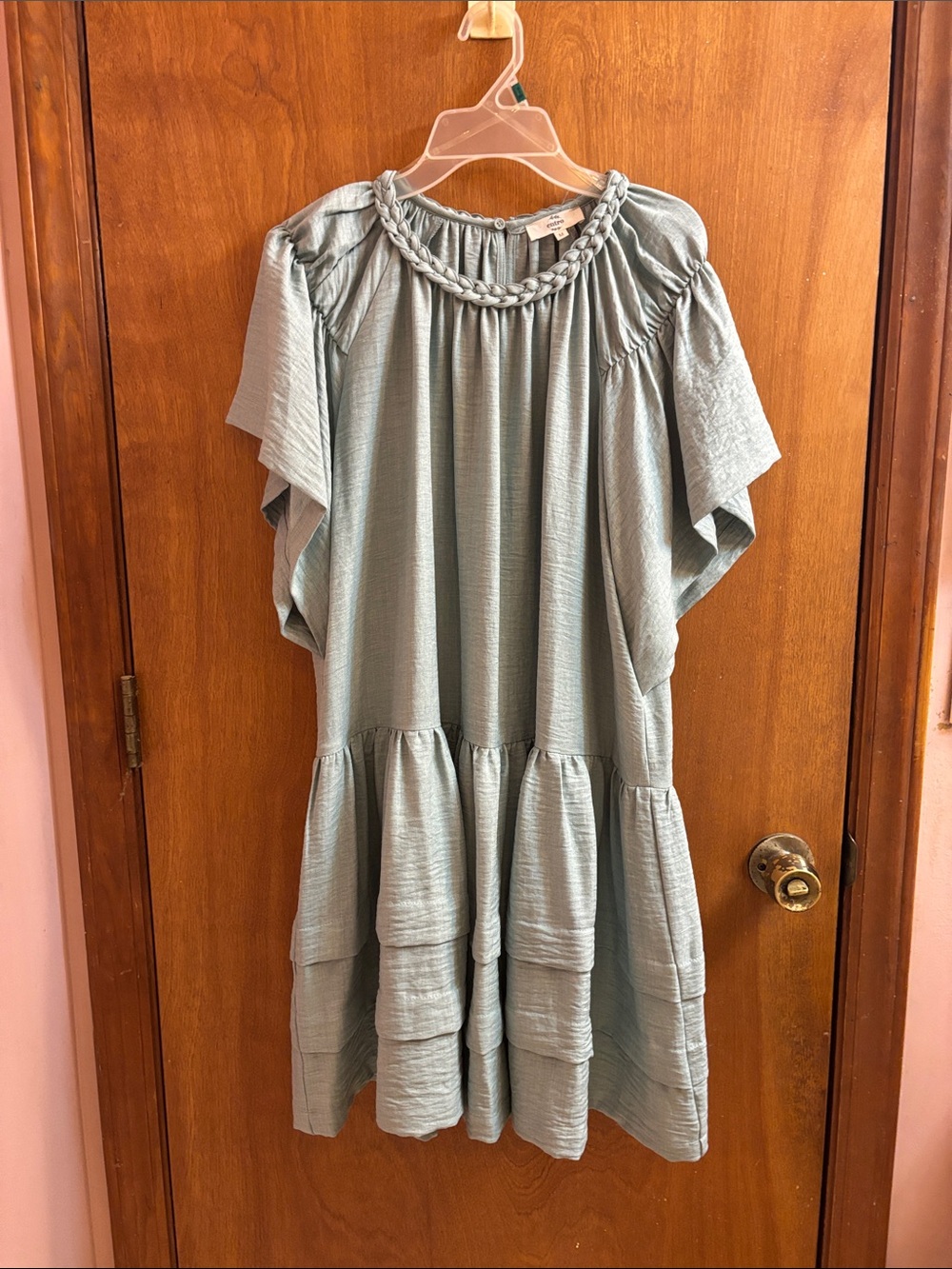 entro Sage Green Tiered Braided-Neck Dress